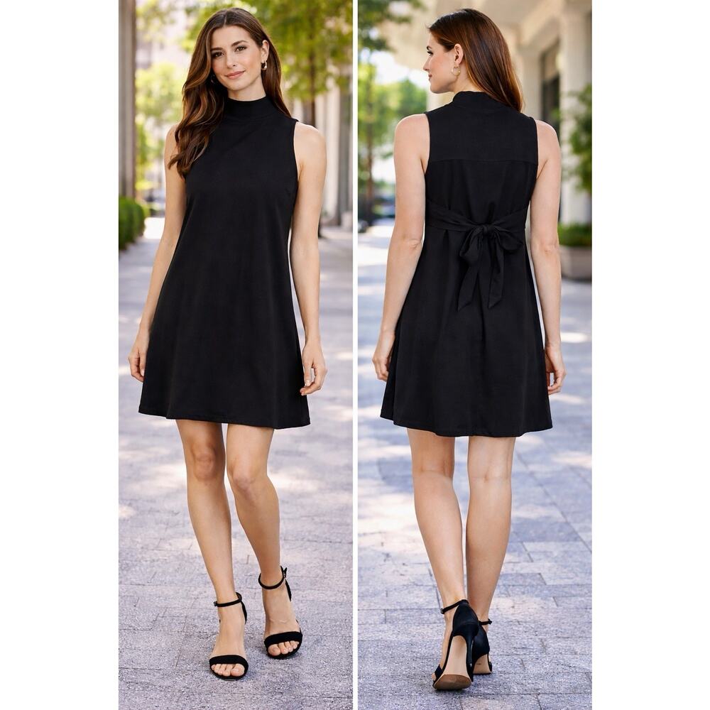 ZARA Black A-Line Mini Dress Size S Sleeveless Mock Neck Tie Back Cutout Stretch